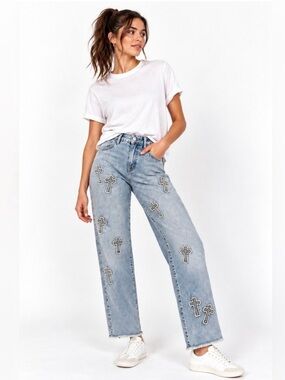 AUSTIN LANDING Studded Embroidered Cross Straight Leg Jeans Blue VIRAL Size 0